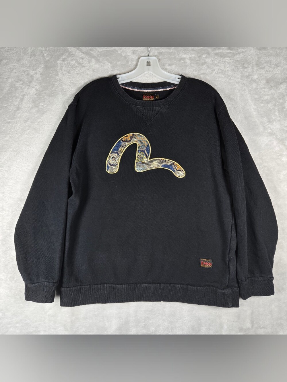 EVISU Crewneck Sweatshirt Mens Size XL Black Triple Logo Graphic Pullover Fleece